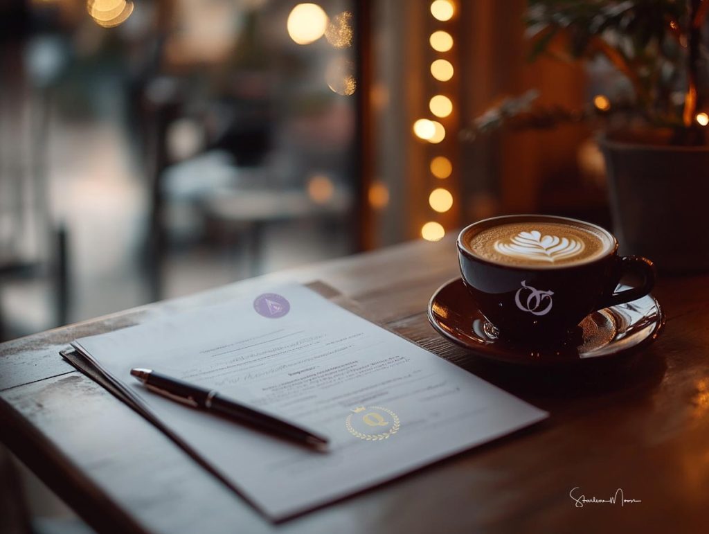 VA officiant offering marriage license signature services in a Crystal City coffee shop, Arlington, VA