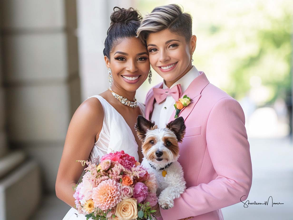 LGBTQ biracial couple in a blue light ceremony with DC officiant Starlene, offering elopements & tiny weddings in DC, MD, VA