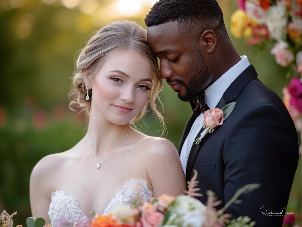 Biracial couple in a blue light ceremony with DC officiant Starlene, offering elopements in DC, Maryland, and Virginia.